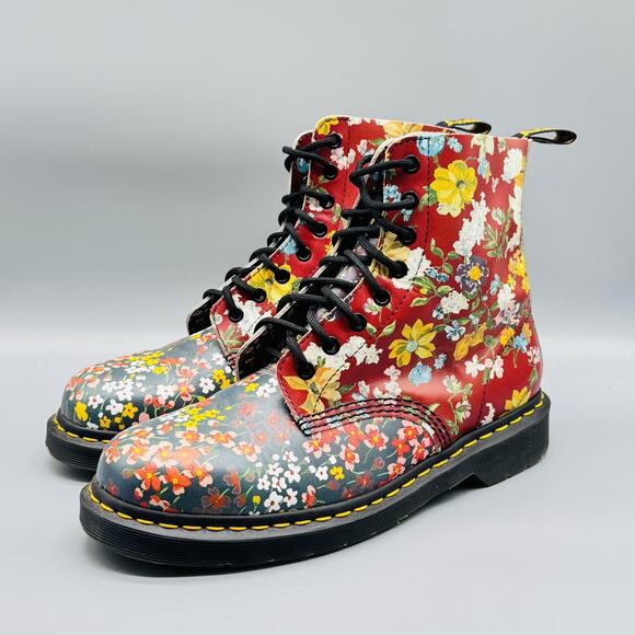 Dr Martens Boots Womens 11 Red Multi Leather Pascal Floral Clash FC 8 Eye Combat - Picture 3 of 10